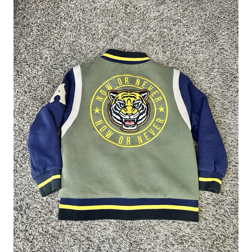 Art Class Boy's Size Small Tiger Embroidered Varsity Jacket Olive Navy Yellow